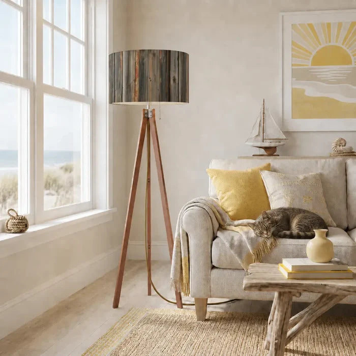 Weathered Wood Retro Tripod Floor Lamp - Rustic Driftwood Linen Shade - retro floor lamps