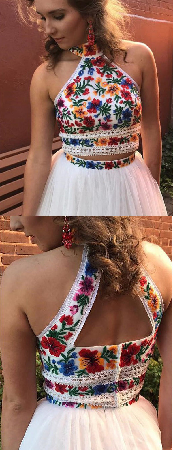White Satin Embroidery High Neck Open Back Homecoming Dresses,HD0020