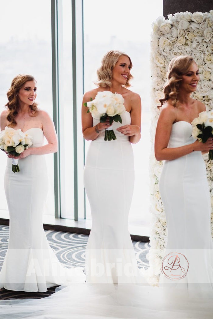 White Sweetheart Strapless Mermaid Simple Cheap Bridesmaid Dresses, AB1224