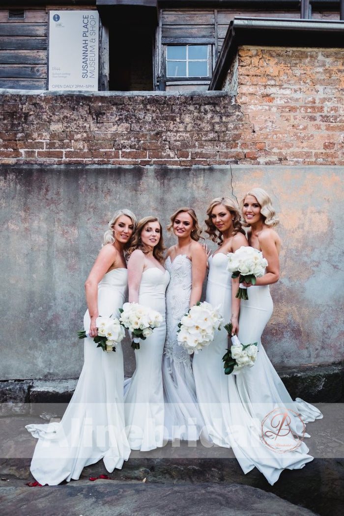 White Sweetheart Strapless Mermaid Simple Cheap Bridesmaid Dresses, AB1224