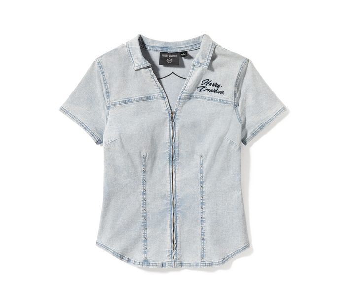 Women's Essential Bling Chambray Short Sleeve Zip Front Shirt