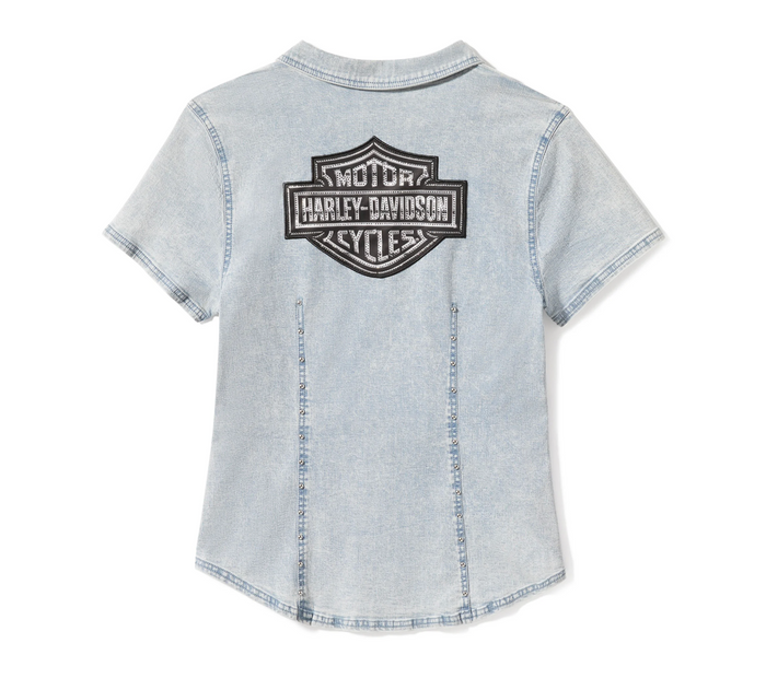 Women's Essential Bling Chambray Short Sleeve Zip Front Shirt