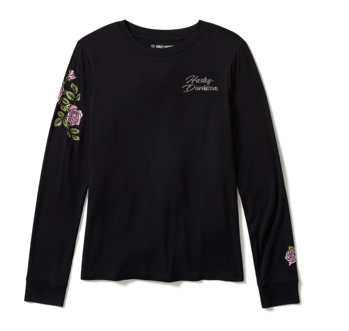 Women's Rose & Thorn Bling Long Sleeve Top - Harley Black