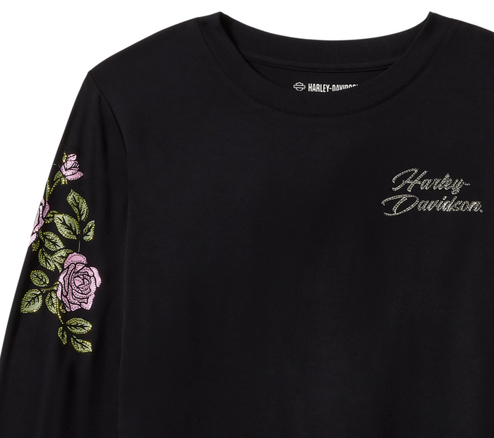 Women's Rose & Thorn Bling Long Sleeve Top - Harley Black