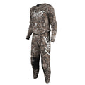 A two-piece motocross or hunting jersey set in a brown and gray woodland camouflage pattern, featuring the brand name 'Cnvs' printed in white script on the chest and thigh, with black knee panels.