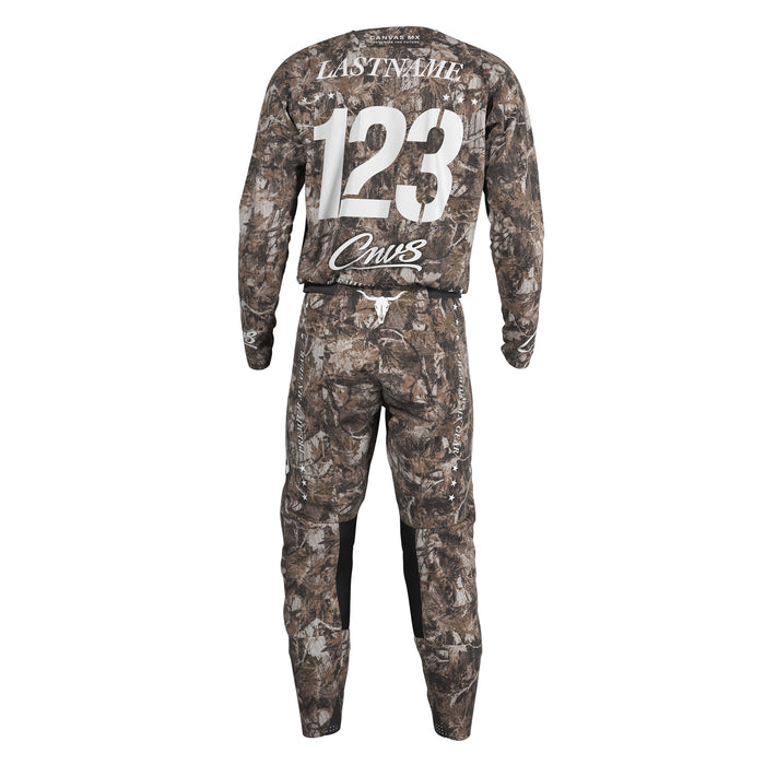 Back view of a long-sleeve motocross jersey and matching pants in a brown and gray woodland camouflage pattern, featuring a large white number 123 and customizable text on the back.