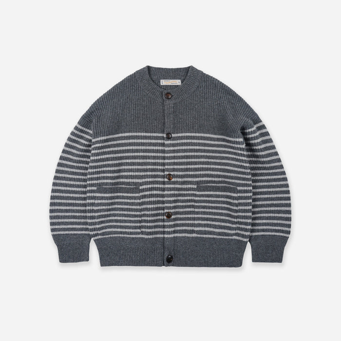 WOOL STRIPE ROUND CARDIGAN - CHARCOAL