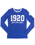 Zeta Phi Beta 1920 Greek Ladies Long Sleeve Glitter Print Tee with Contrast neckband and heart on sleeve with Greek Letters Black Tee with Blue and White Print or Blue Tee with Blue and White Print