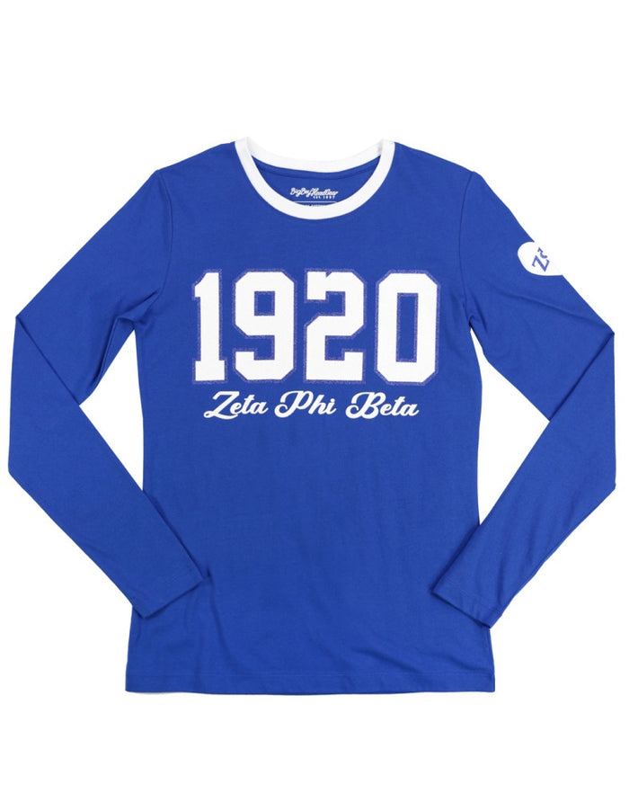 Zeta Phi Beta 1920 Greek Ladies Long Sleeve Glitter Print Tee with Contrast neckband and heart on sleeve with Greek Letters Black Tee with Blue and White Print or Blue Tee with Blue and White Print